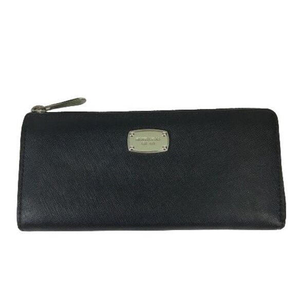 Michael Kors Jet Set Zip Wallet Black Saffiano Leather w/Silver Full Size Long - Picture 1 of 13